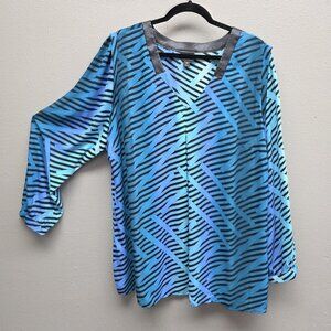 Worthington Woman Shirt Womens 2X Blue Striped Faux Leather Trim Tunic Top Plus